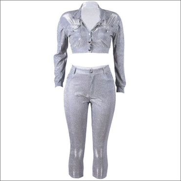 Vintage Punk Style Glitter Zipper Pattern Cropped Top Pants Two-piece Set