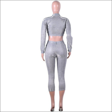 Vintage Punk Style Glitter Zipper Pattern Cropped Top Pants Two-piece Set