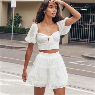 Vintage Square Neck Puff Sleeve Cropped Lace Top Drilled Swing Skirt Set