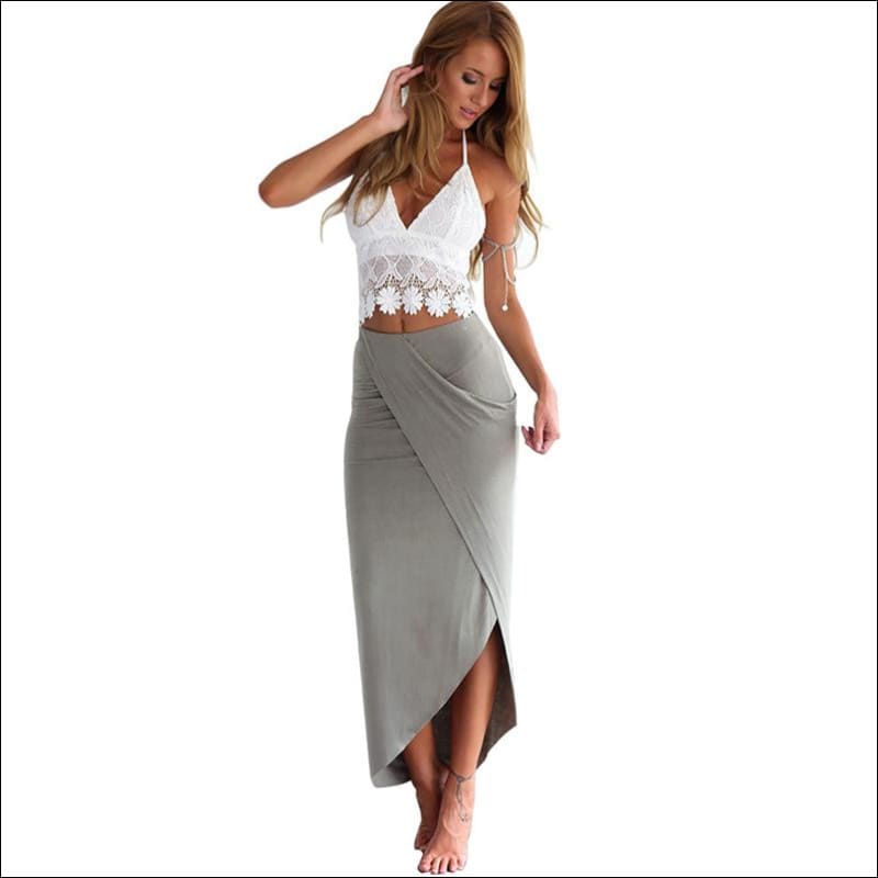 White Lace Halter Tank Tops And Grey Split Long Skirt 2Pcs 