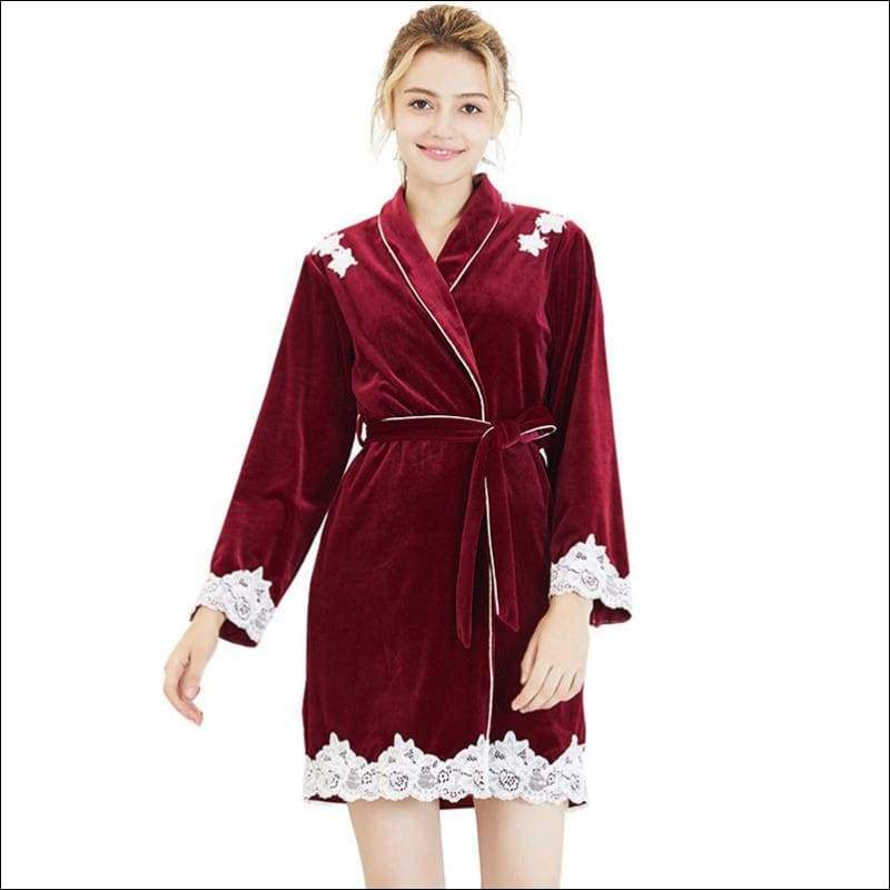 Winter Wear Thick Velvet Fabric Lace Patchwork Night-robe - 