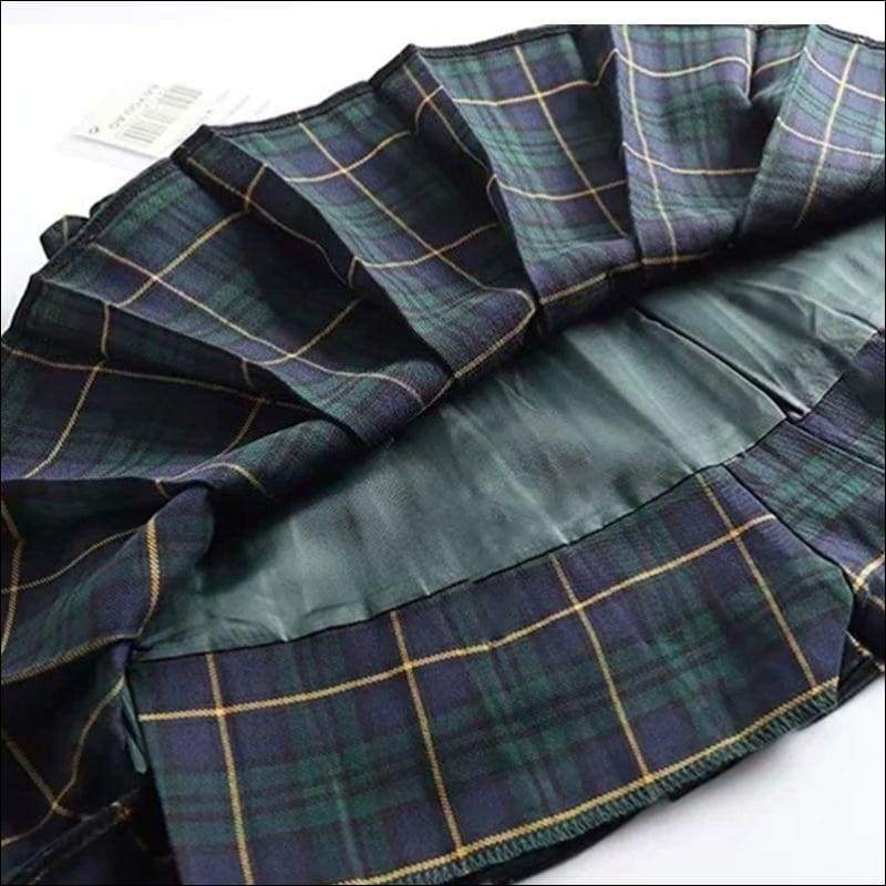 Women Elastic Plaid Print Pleated Skirt - S / Green - Petite