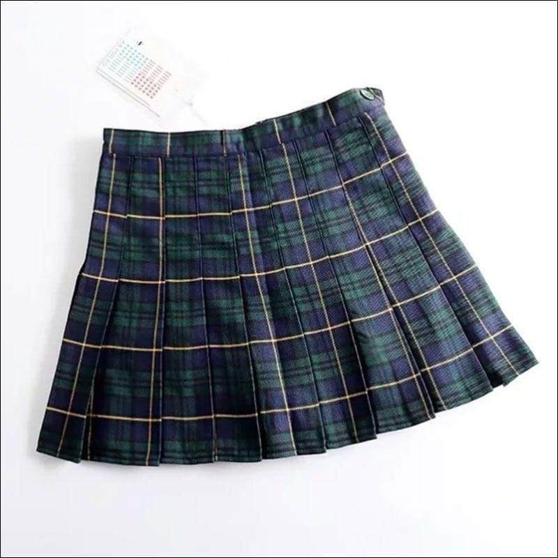Women Elastic Plaid Print Pleated Skirt - XS / Green - 