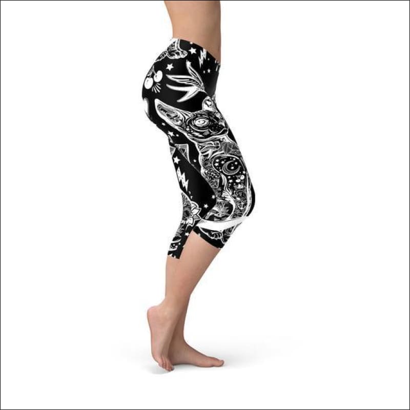 Womens Black Magic Cat Capri Leggings - L - Leggings