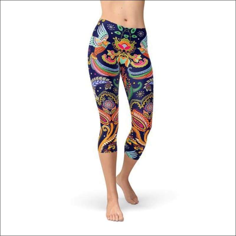 Womens Ornamental Blue Paisley Capri Leggings - Leggings