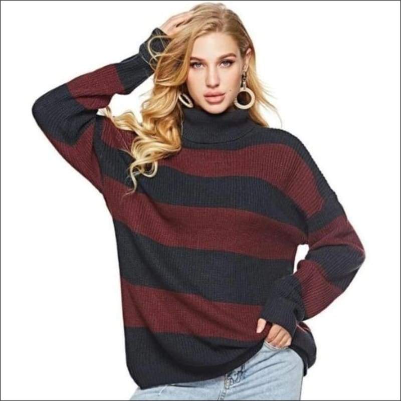 Women’s Turtle Neck Stripe - L / RED - Sweaters & Hoodies