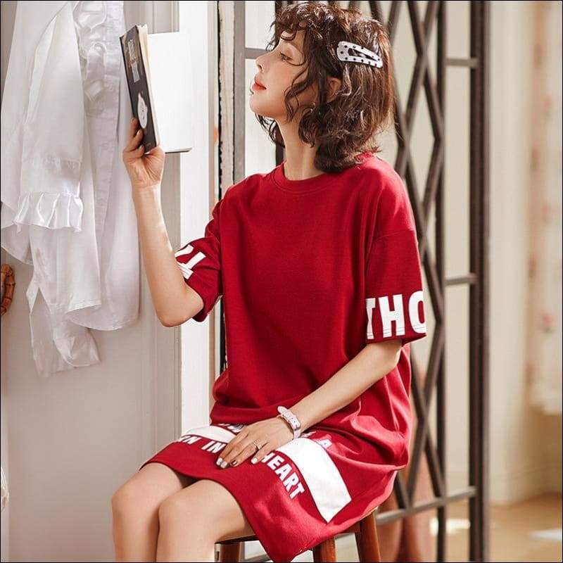 Words Printed Short-sleeve Nightdress - L / Red - Lingerie &
