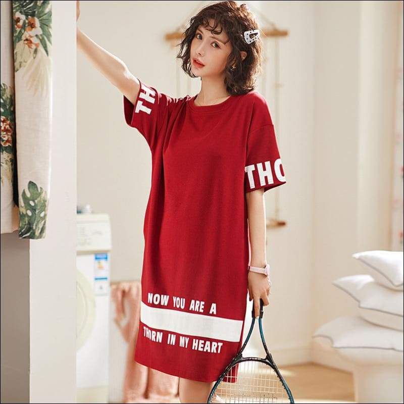 Words Printed Short-sleeve Nightdress - M / Red - Lingerie &