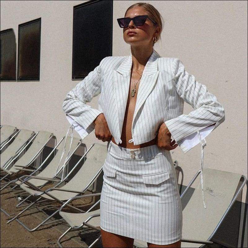 Work Lapel Long-sleeve Stripes Print Blazer Tight Skirt 