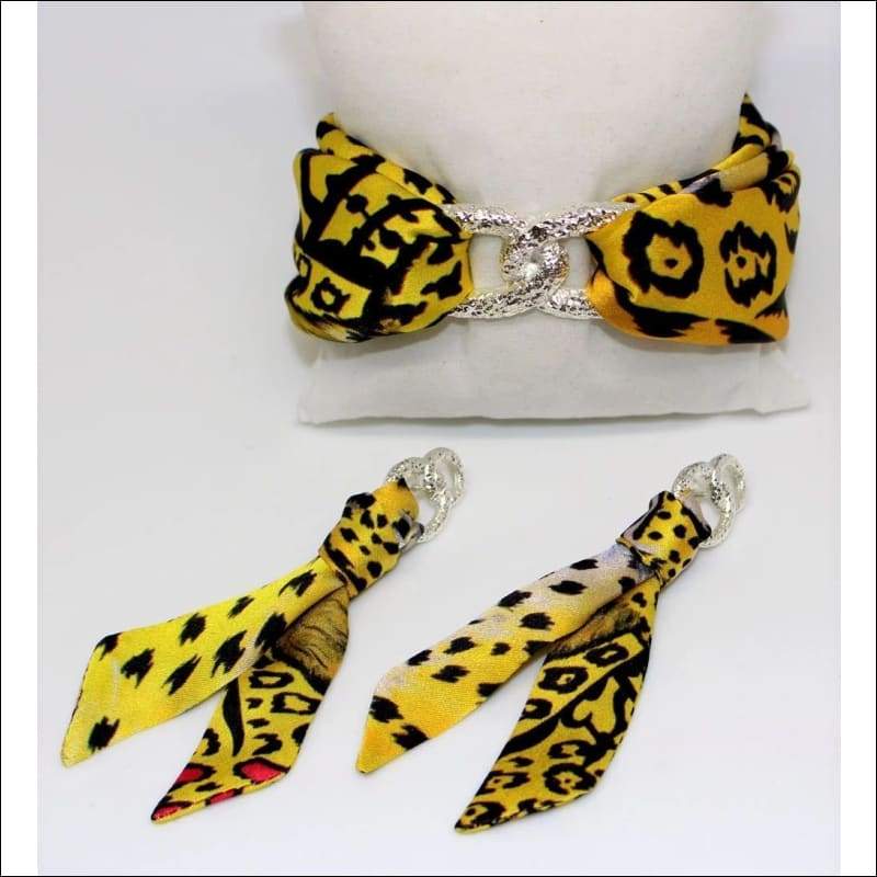 Yellow Leopard silk tie earring - Gold - Earrings