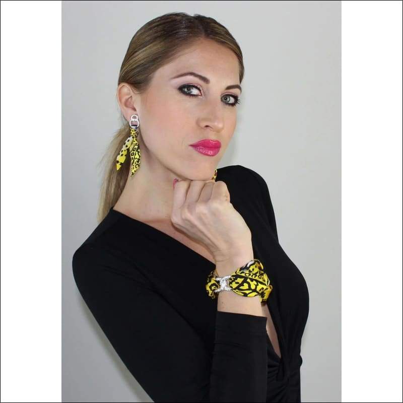 Yellow Leopard silk tie earring - Gold - Earrings