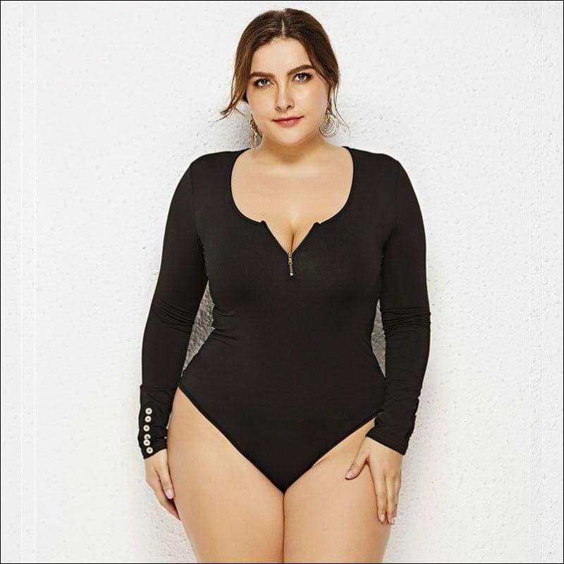 Zipper Design Round Neck Long-sleeve Plus-size Bodysuits - 
