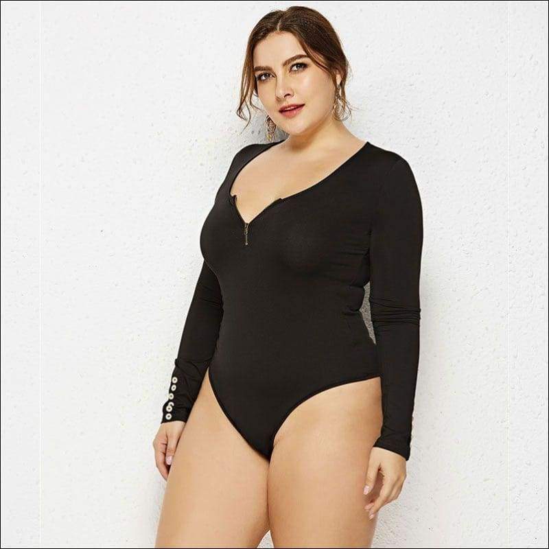 Zipper Design Round Neck Long-sleeve Plus-size Bodysuits - 