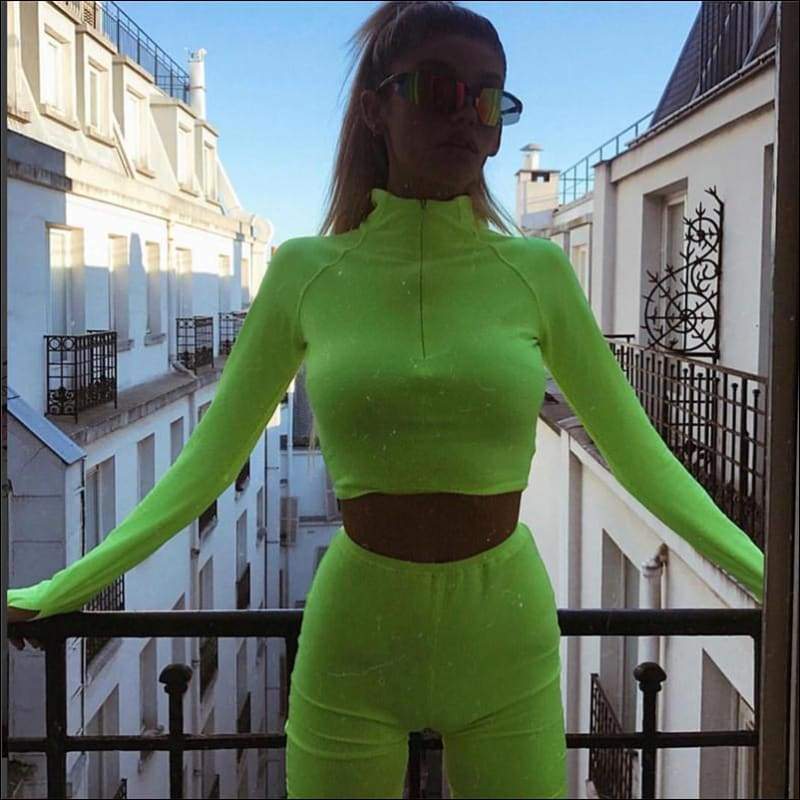Zipper Long-sleeve Crop Top And Tight Shorts - S / Green - 