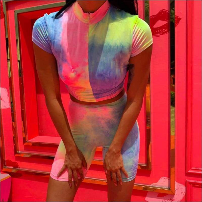 Zipper Tie Dye Top And Tight Shorts Two Pieces Sets - M / 
