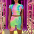 Zipper Tie Dye Top And Tight Shorts Two Pieces Sets