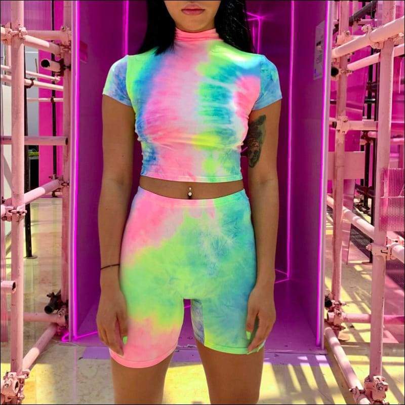 Zipper Tie Dye Top And Tight Shorts Two Pieces Sets - S / 