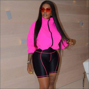 Zipper Top And Skinny Shorts Sports Two-piece Set Women Solid Color Long-sleeve