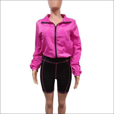 Zipper Top And Skinny Shorts Sports Two-piece Set Women Solid Color Long-sleeve